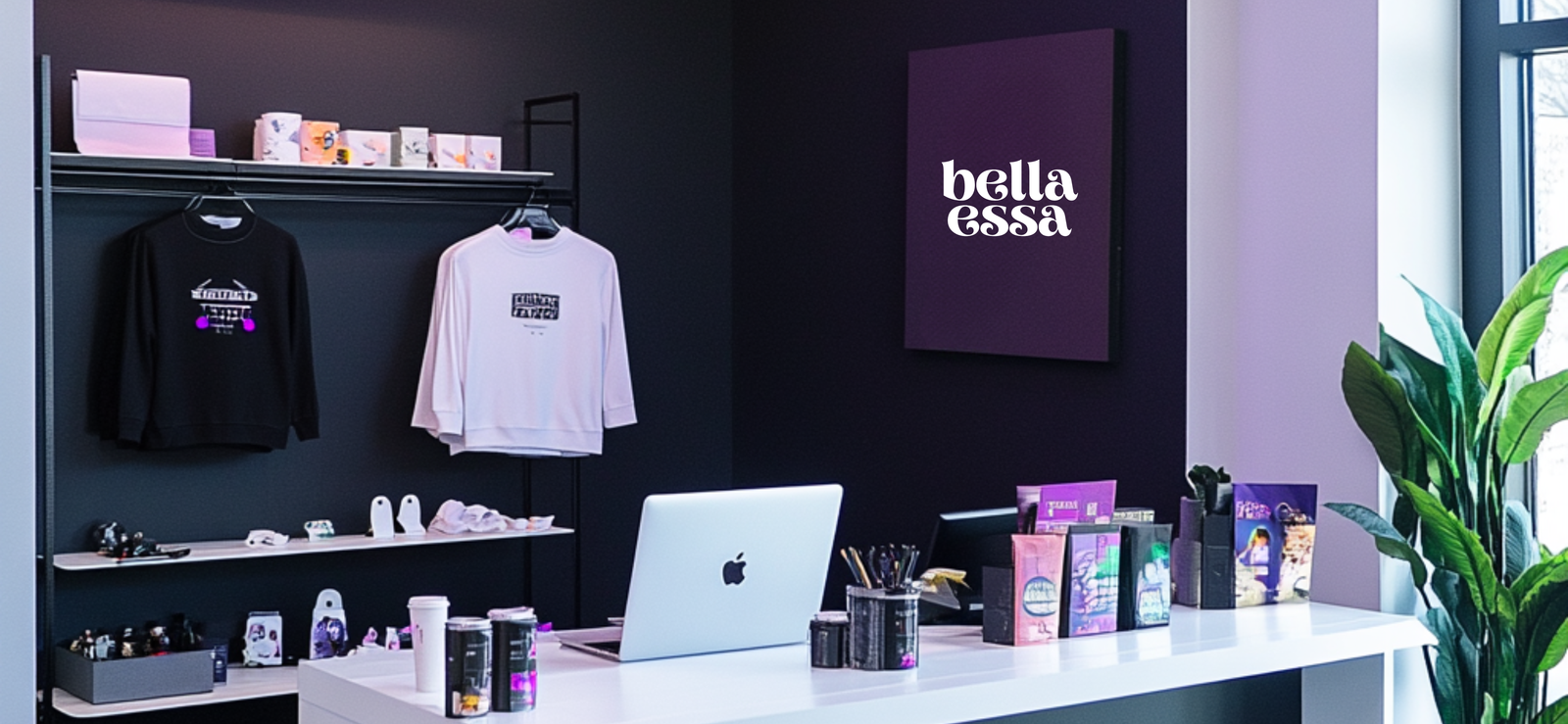 A modern BellaEssa studio with a sleek black and purple theme, featuring a white desk, branded merchandise, and a bold BellaEssa sign on the wall.